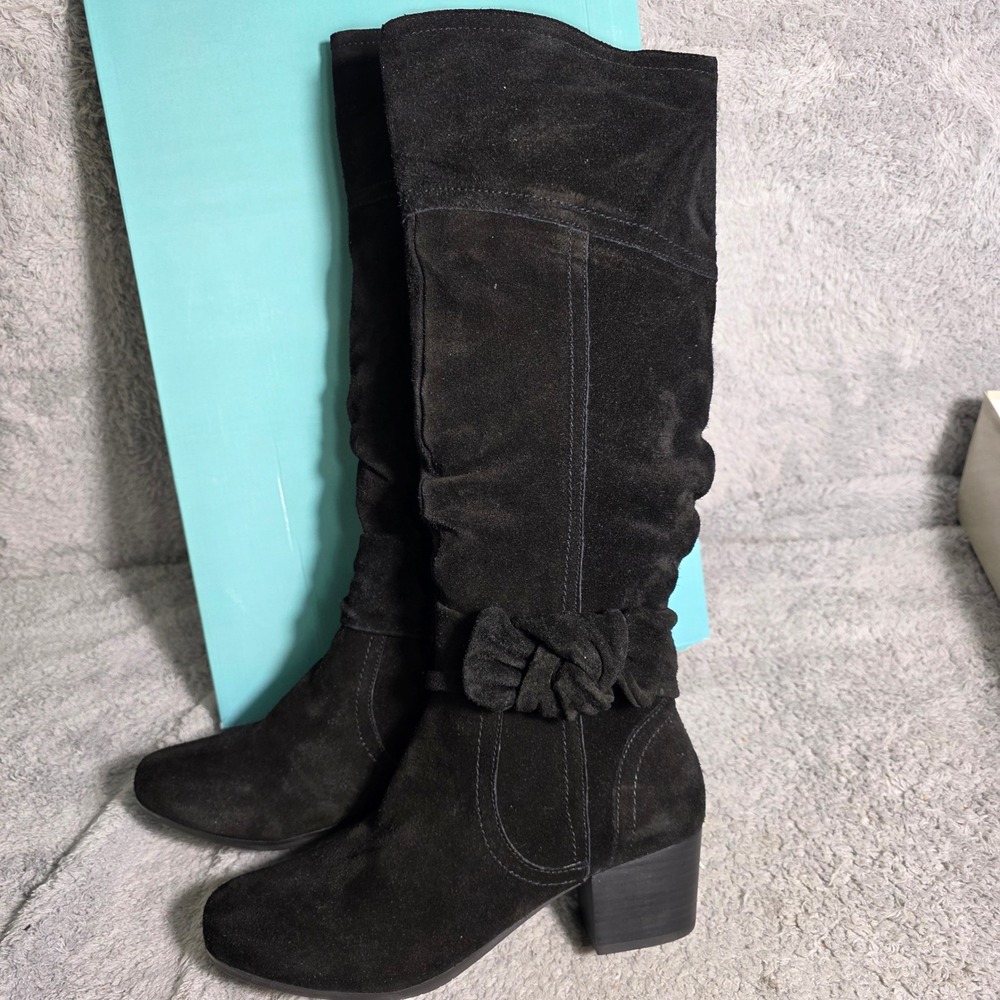 Array Tall Suede Leather Boots Black Slouchy Bow Detail Womens 11 WIDE NEW